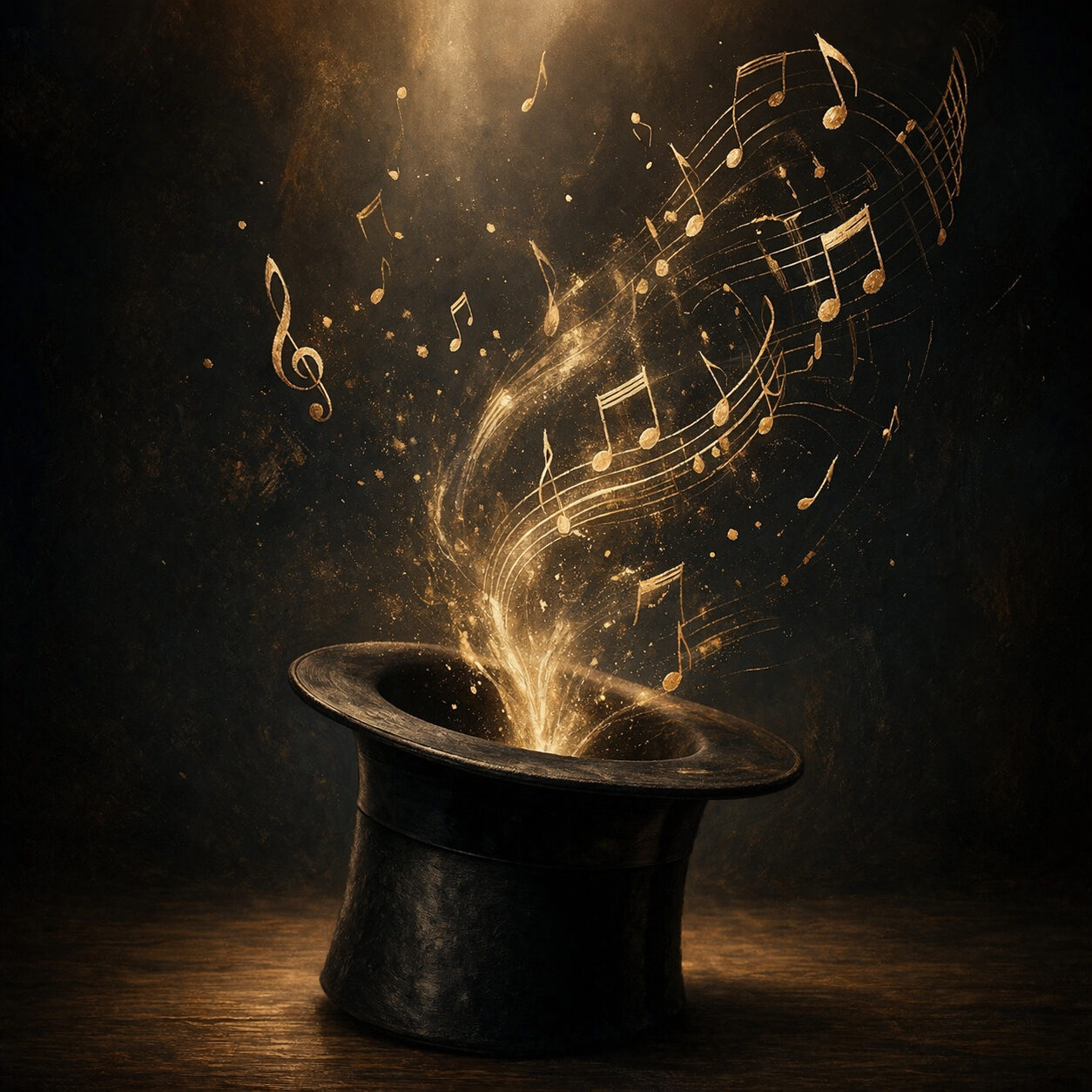 Illustration of a top hat with golden musical notes rising from it